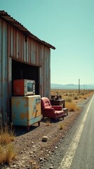 Obraz premium Rustic roadside display of vintage furniture and electronics beside weathered metal shed under a clear sky