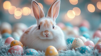 Cute Rabbit Surrounded by Colorful Easter Eggs in Spring Setting