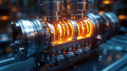 Obraz premium Industrial mechanical system with glowing hot core component, demonstrating advanced engineering technology in manufacturing process