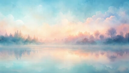Serene Mist-Shrouded Lake at Dawn Tranquil Water Reflecting Pastel Sky and Foggy Trees
