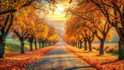 Fototapeta premium Golden Autumn Road A Picturesque Pathway Lined with Vibrant Trees and a Carpet of Fallen Leaves Under the Warm Glow of the Setting Sun