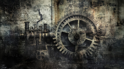 Naklejka premium Abandoned industrial site featuring broken machinery and large gear, evoking sense of decay and nostalgia in dark, grunge atmosphere