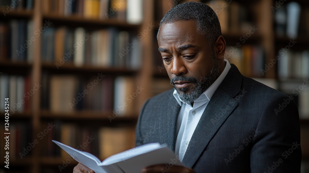 Poster man reading in a library surrounded by bookshelves