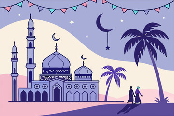 Ramadan Kareem design on green Islamic background with gold ornament star, moon, mosque, lanterns and ketupat. Suitable for raya and Ramadan template concept.