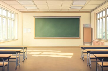 Sunny classroom; desks, blackboard, windows; education