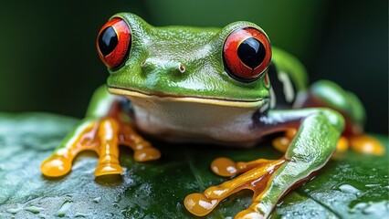 Close-up of a vibrant red-eyed tree frog on a leaf