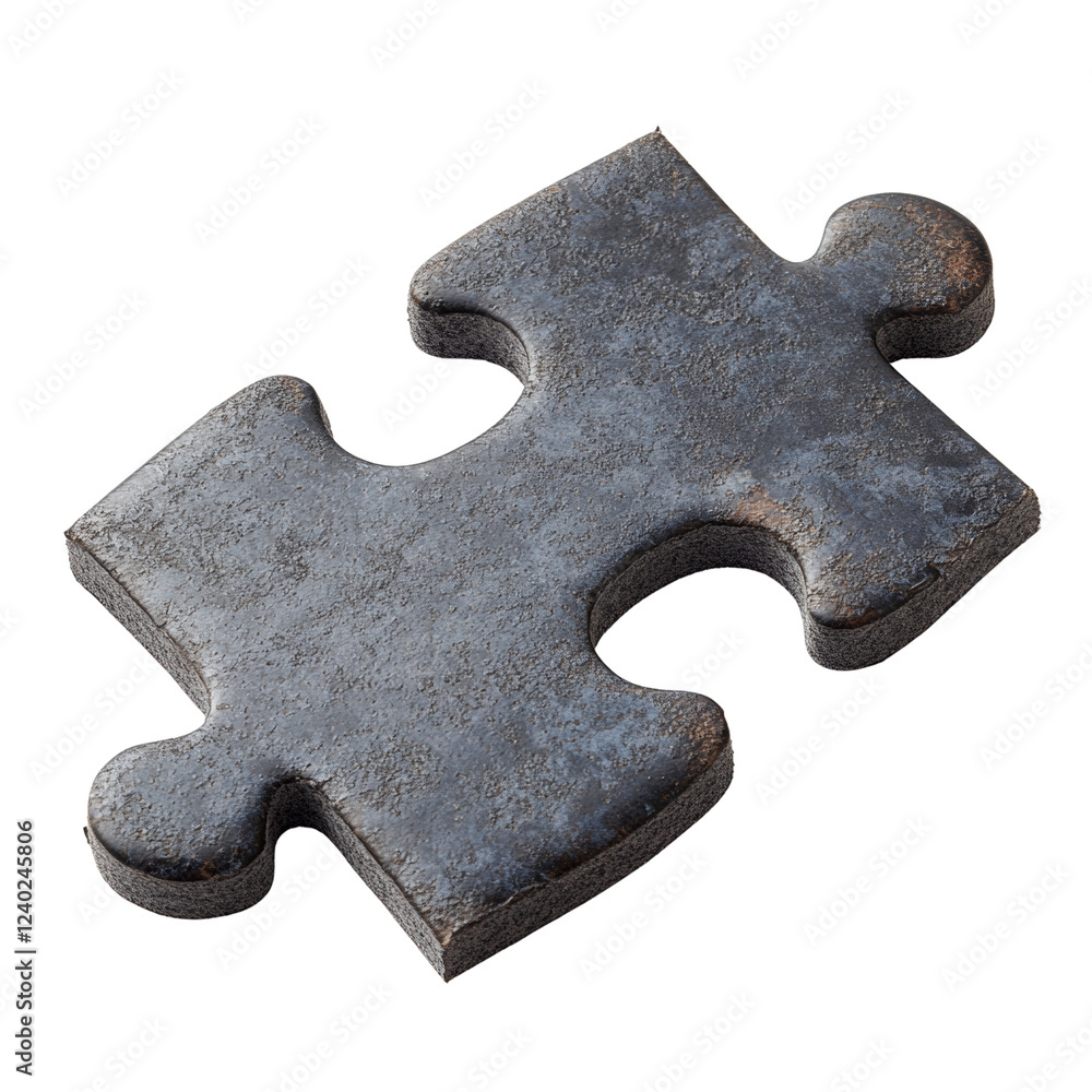Poster the image shows a single, dark grey metallic puzzle piece with a textured surface against a black ba