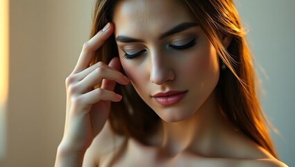 Fototapeta premium Ethereal Portrait: A Woman with Dewy, Glowing Skin Gently Touching Her Temple
