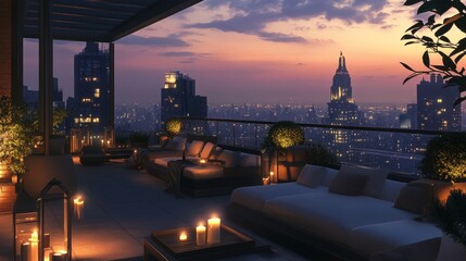 Fototapeta premium High-end rooftop lounge on a luxury apartment, showcasing sleek sofas, glowing lanterns, and panoramic urban scenery.
