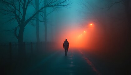 Fototapeta premium A Man A Mysterious, Dramatic And Warmly Colored Scene A Misty, Foggy Road