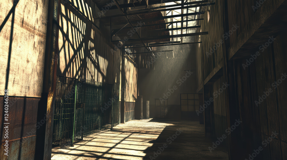 Aufkleber abandoned warehouse with rusting metal and shadows creating haunting atmosphere. sunlight streams th