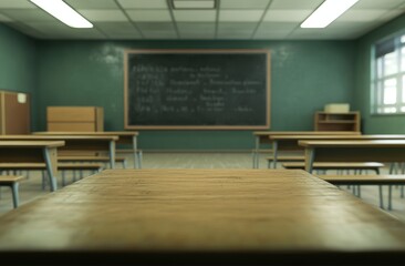 Empty classroom desk, chalk text, vintage school