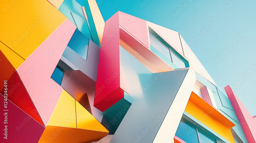 Poster modern building design featuring abstract geometric shapes in vibrant colors. structure showcases bl