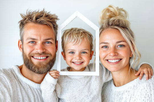 Portr&auml;t einer gl&uuml;cklichen Familie mit Sohn, eingerahmt in einem symbolischen Haus, Portrait of a happy family with son, framed in a symbolic house