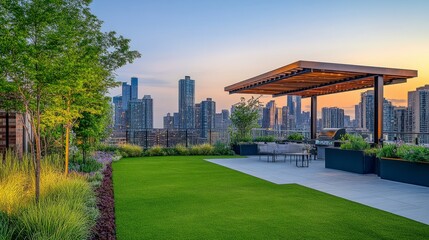 High-rise rooftop garden with an open green lawn, stylish pergolas, and a breathtaking view of the cityscape.