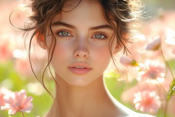 Fototapeta premium Young woman among blooming flowers with soft sunlight