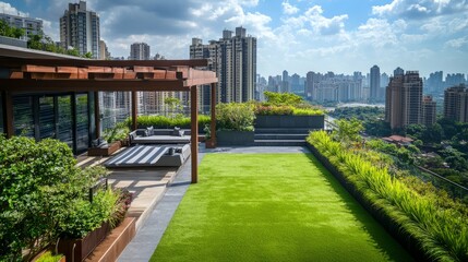 Naklejka premium High-rise rooftop garden with an open green lawn, stylish pergolas, and a breathtaking view of the cityscape.
