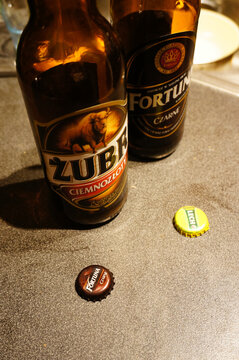 Empty beer bottles on a table