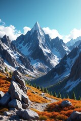 mountains with snow and rocks in the foreground and a trail in the foreground