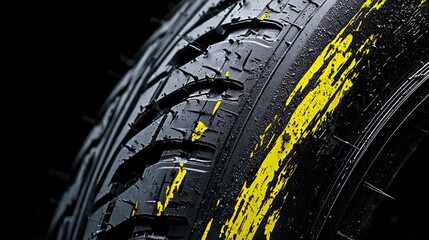 Obraz premium Close-up of Black Tire with Yellow Paint Splatter