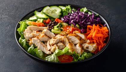 Healthy salad with chicken, tomatoes, cucumber, lettuce, carrot, celery, red cabbage and mung bean on dark background. Proper nutrition. Dietary menu. Flat lay. Top view