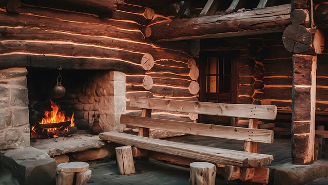 Empty wooden bench by the fireplace in an old log cabin