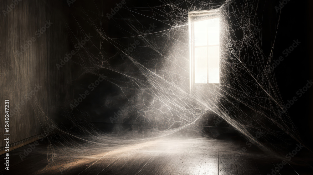 Poster abandoned room with cobwebs and mysterious luminescence from window, creating eerie atmosphere. dust