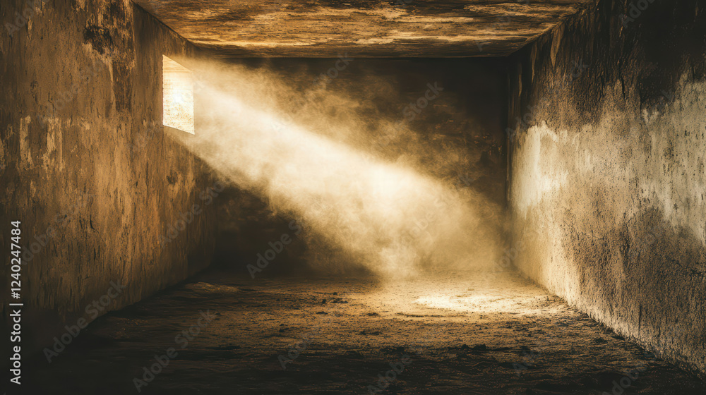 Aufkleber dimly lit chamber with soft light streaming through window, creating eerie atmosphere filled with du