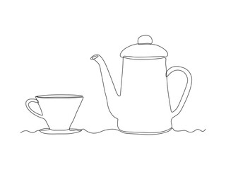 Abstract coffee pot, teapot and cup, continuous single one line art hand drawing sketch logo