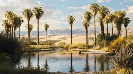 Tranquil beach scene, lush palm trees lining a serene lagoon reflecting the sky, ideal for relaxation and nature themes.