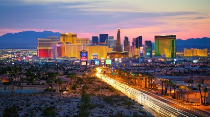 A wide-angle shot of the Las Vegas skyline at dusk, with lights starting to glow against the desert backdrop.