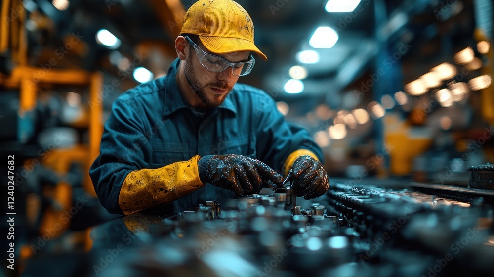 Poster worker assembling mechanical parts in busy factory setting