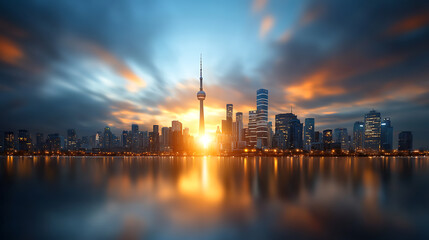 Fototapeta premium Sunrise over toronto's skyline a blend of modern architecture and ancient aesthetics urban environment dynamic viewpoint intelligent city concept