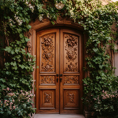 Obraz premium Elegant entrance: A detailed wooden door, framed by vibrant green leaves and climbing vines, invites you into a space of elegance and mystery. The carved details of the door suggest a rich history.
