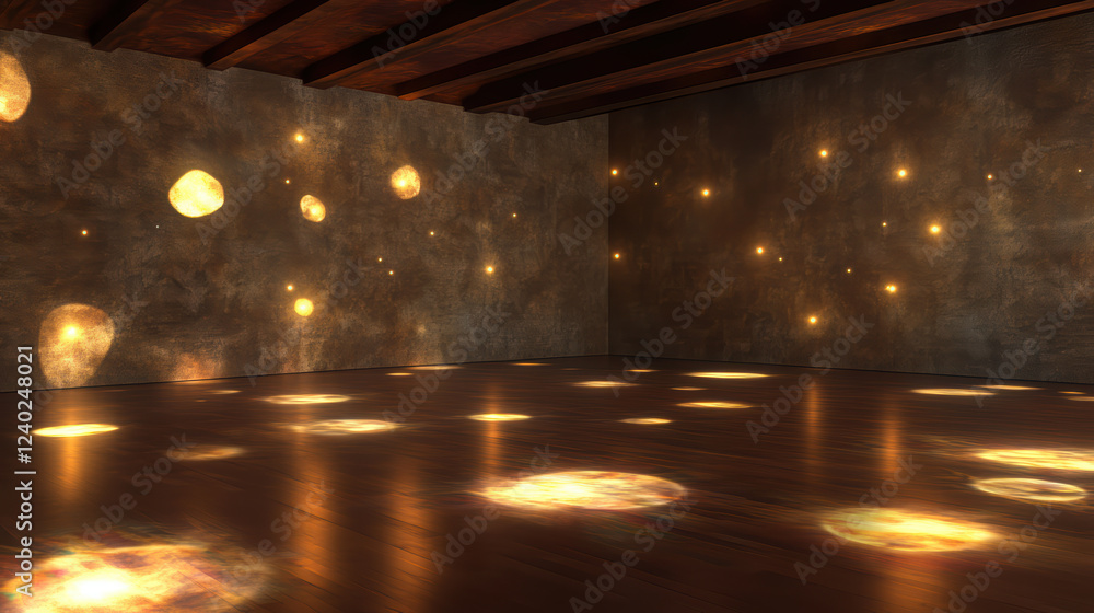Poster eerie empty room with flickering lights casting shadows on walls, creating mysterious atmosphere. wo