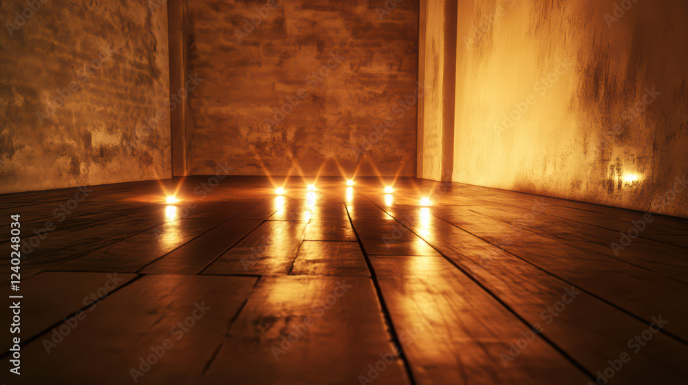 Poster eerie empty room with flickering lights casting shadows on wooden floor, creating mysterious atmosph