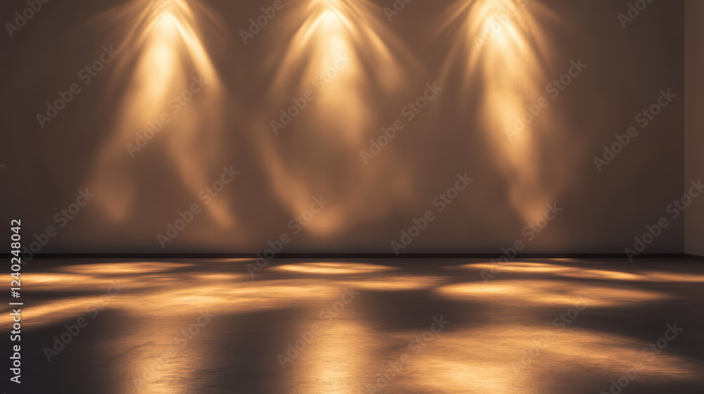 Poster serene empty room with flickering lights creating soft shadows on walls and floor, evoking sense of 