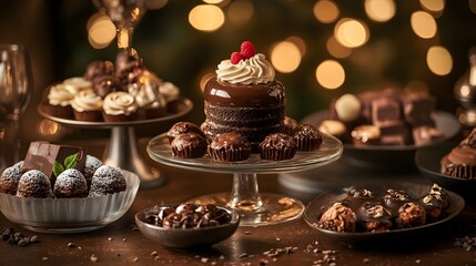A table set with various chocolate desserts on elegant cake stands.
