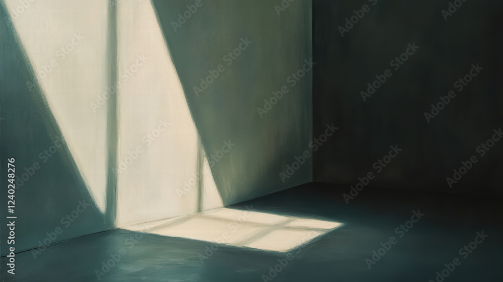 Poster serene empty room with mysterious light casting long shadows, creating tranquil atmosphere. interpla