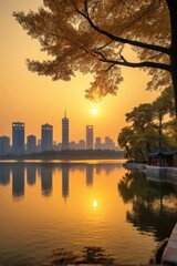 Fototapeta premium trees are in the foreground of a city skyline at sunset