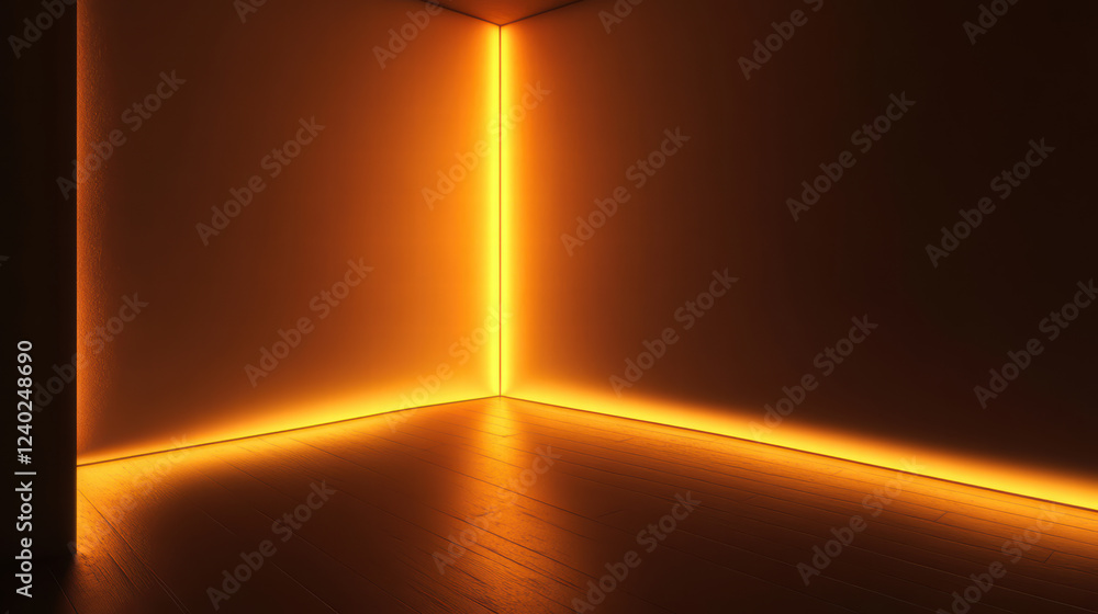 Poster dimly lit chamber with warm orange glow illuminating corner, creating unsettling yet intriguing atmo
