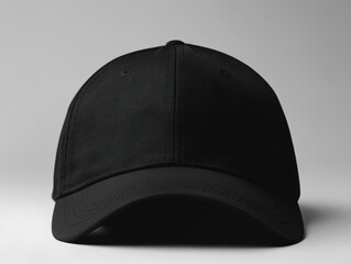 Simple black baseball cap on gray background.