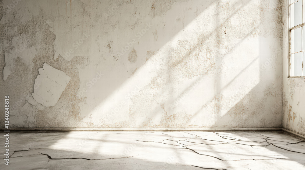 Aufkleber unsettling empty room with cracked floor and peeling walls, illuminated by mysterious light filterin