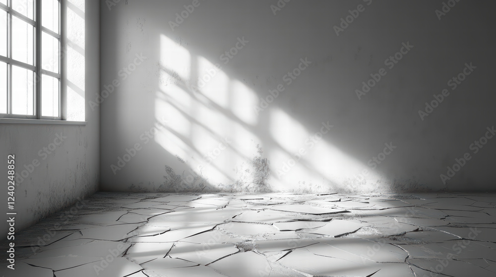 Poster unsettling empty room with cracked floor and mysterious light filtering through window creates eerie