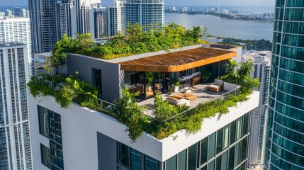 Modern high-rise rooftop with a sky garden, featuring lush plants, walking paths, and breathtaking panoramic views.