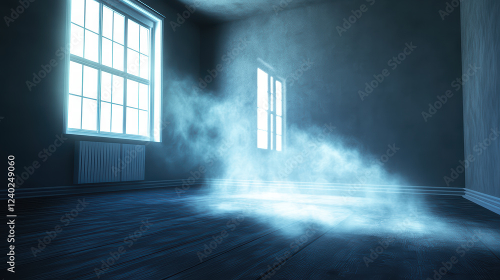 Poster unsettling empty room with soft blue light and misty atmosphere. light filters through windows, crea