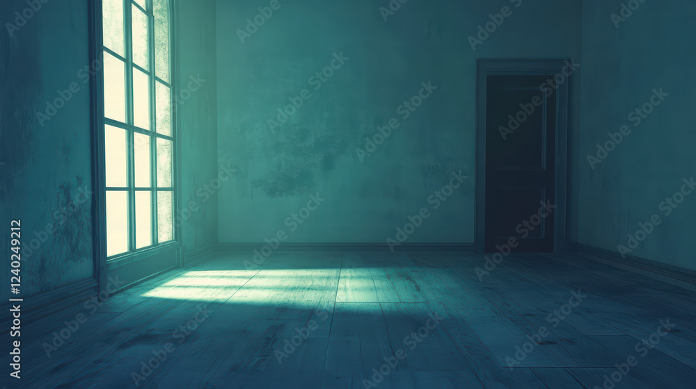 Poster unsettling empty room with soft blue light illuminating space, creating serene yet eerie atmosphere.