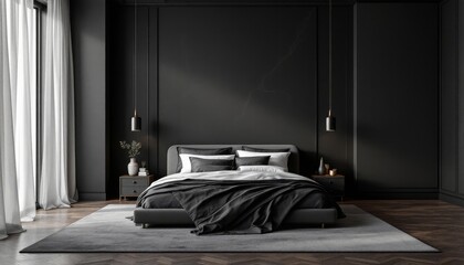 Modern Dark Bedroom Design with Black Bed and Gray Rug