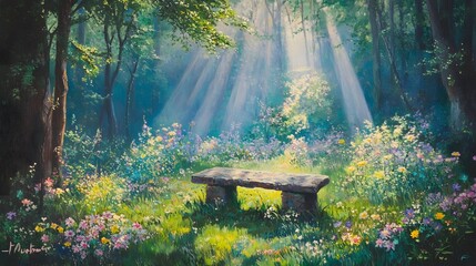 Fototapeta premium Serene forest scene, enchanting sunlight filtering through trees, lush greenery and vibrant flowers, inviting space for reflection.