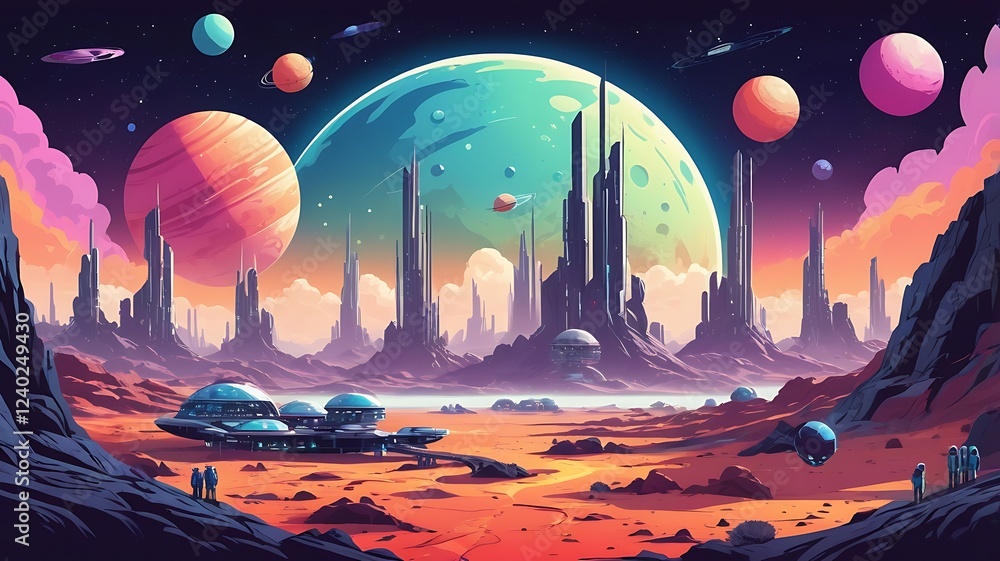 Poster a colorful vector design of a space colony on a distant planet.